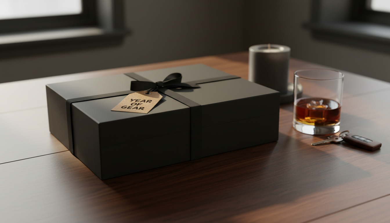 Gift subscription hero - black box with ribbon and tag on walnut table