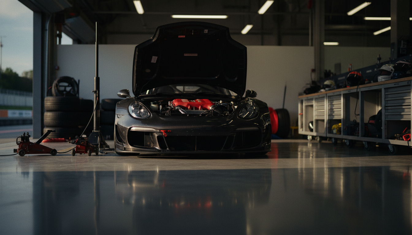 Gear Head Box hero — track-prepped car in pit garage